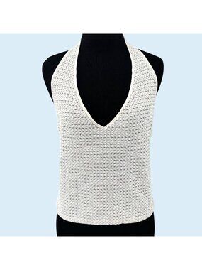 STUNNING NWT CACHE WHITE BEADED V-NECK HALTER TOP - M